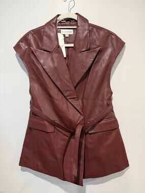 NWT B. Coature Sleeveless Brown/Red Faux Leather Blazer Vest Small Belted Moto